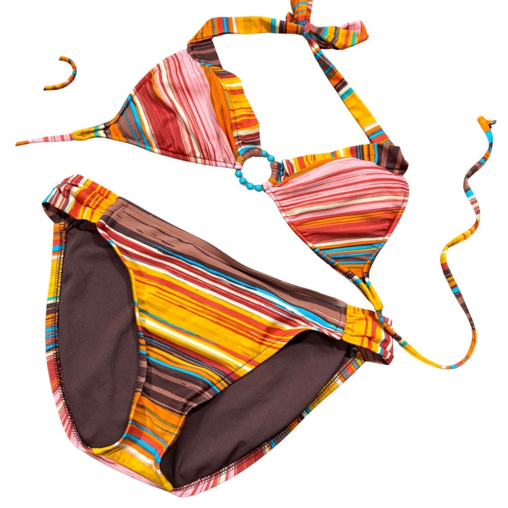Y2K Mossimo Striped Bikini Set Orange Pink Brown Turquoise Size S Top L Bottom